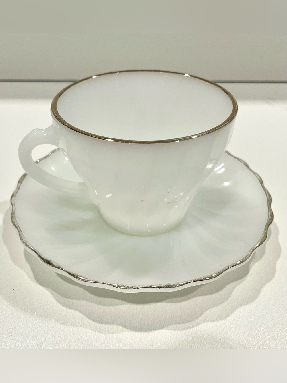 Fire King Vintage White Milk Glass Coffee Cup & Saucer | Silver Trim | Scalloped